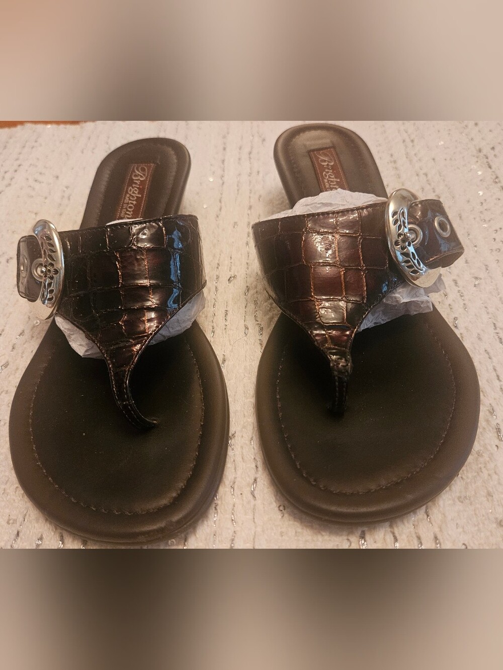 Brighton Women's Brown Croc-Embossed Thong Sandals with Silver Buckle